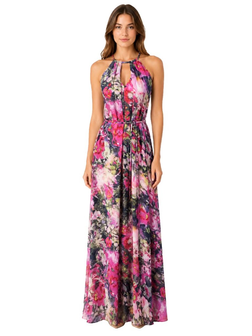 Maggy London Floral Halter Maxi Dress Pink Watercolor Open Back Size 4 EUC